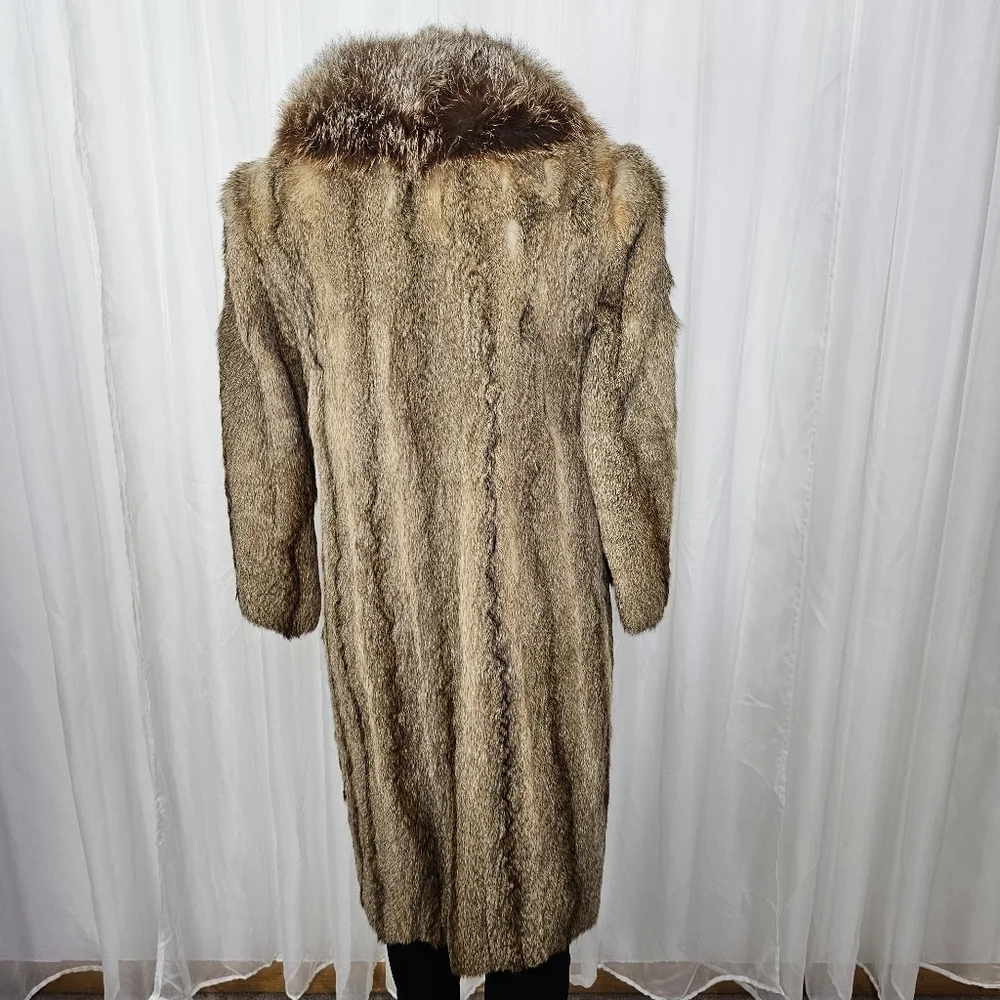 Real Fur Brown Tan Beaver Coat Fluffy Collar Glam